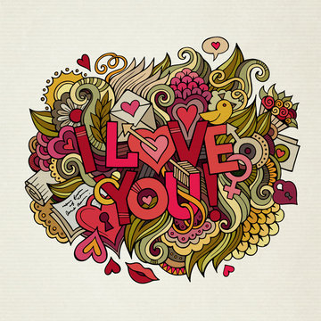 I Love You hand lettering and doodles elements