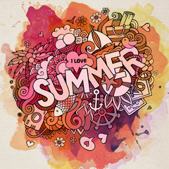 Summer watercolor hand lettering and doodles elements. Vector il