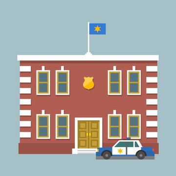 Police station with flag and shield sign. Сity police department red brick building and car. Infographic element. Flat style vector illustration