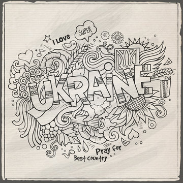 Ukraine hand lettering and doodles elements background