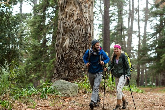 Hiker couple hiking in forest