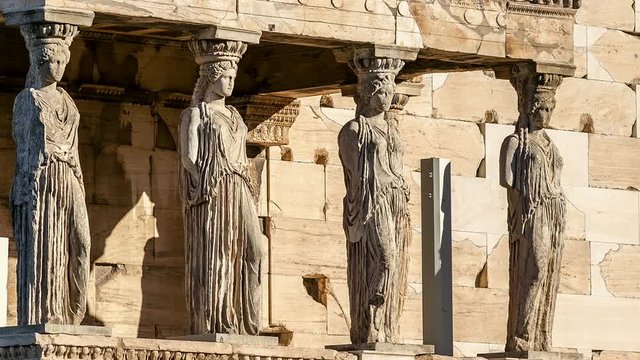 Marble Statues of Ancient Caryatids in Acropolis Motion