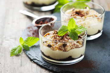 Sweet homemade dessert with cream and chocolate