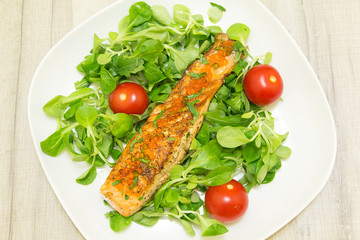 Roasted salmon with roots and tomatoes on a white plate
