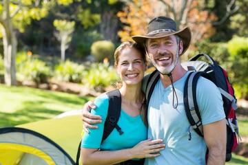 Portrait of hiker couple embracing each other