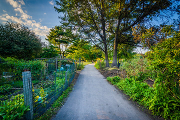 Fototapeta na wymiar Walkway and gardens at Back Bay Fens, in Boston, Massachusetts.