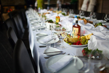 hall or other function facility set for fine dining, table in wedding day