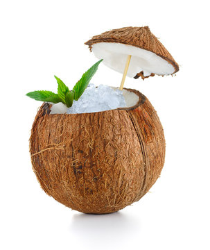 coconut cocktail with ice isolated on white background