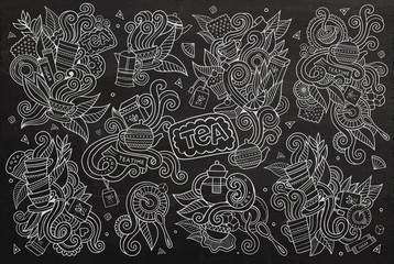 Fototapeta premium Tea time doodles hand drawn chalkboard vector symbols 