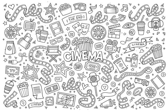 Cinema, movie, film doodles sketchy vector symbols