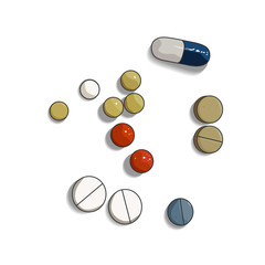 Colorful pill and tabs on white background
