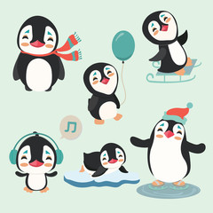 Cute winter penguins set
