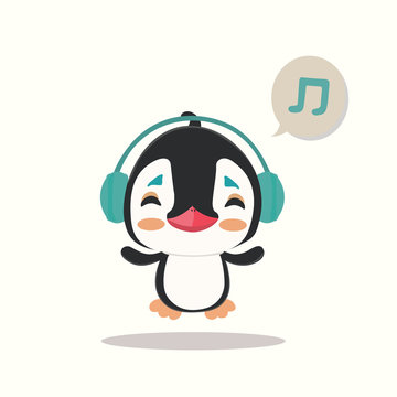 Cute penguin listening to music.
