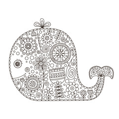 Doodle whale. Hand drawn vector whale with doodle floral ornament and bubbles. Isolated. Cute animal silhouette with flowers and dots. Color page for children and adult.