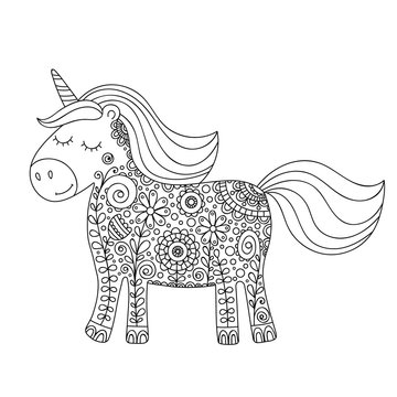 Doodle unicorn. Cute hand drawing unicorn with floral zentangle ornament. For kids and adults anti stress coloring pages. Isolated outline horse silhouette. Vector tattoo.