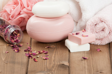 Soap Bars, Towels, Wisps. Body Care Kit. Dried Rose Petals.