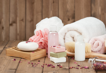 Soap Bars, Towels, Wisps. Body Care Kit. Dried Rose Petals.