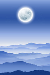 Background with fullmoon and mountains in the fog