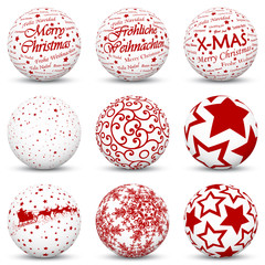 3D Vector Sphere Collection with Mapped Red Holiday Season Textures - X-Mas Symbols and Icons - Also Merry Christmas in German and International Language