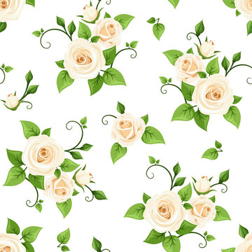 Vector seamless pattern with white roses on a white background.