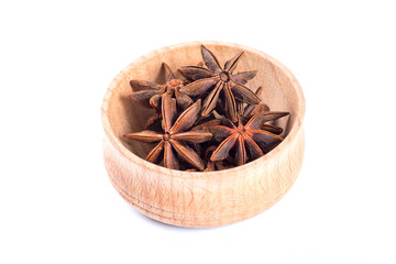 Star Anise spice in a wooden bowl isolated on white background