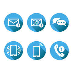 Contact buttons set icons. Email, envelope, phone, mobile. Vector illustration in flat style on round blue background with shadow.