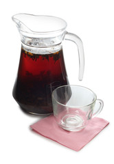 Glass cup with tea on white background