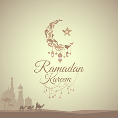 Illustration of Ramadan Kareem with month, a mosque and a caravan of camels for the celebration of Muslim community festival. Free hand write with a modern lantern and stars specially for Ramadan.