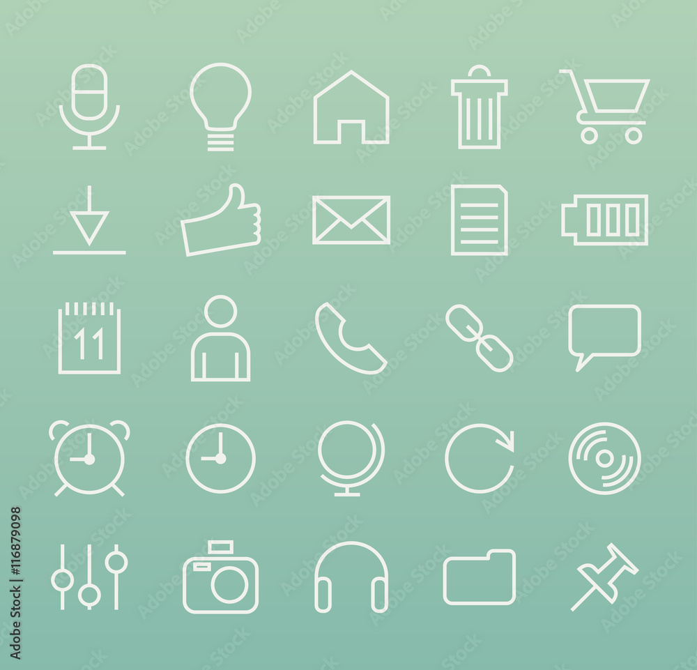 Poster set of minimal simple multimedia and interface thin line icons on green background.