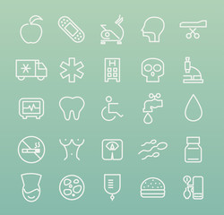 Set of White Minimal Simple Medical White Thin Line Icons on Color Background.