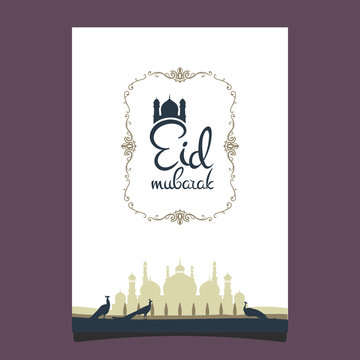 Eid mubarak flyer. Illustration of Ramadan Kareem with Arabic mosque and garden with peacocks for the celebration of Muslim community festival. Hand write with a floral frame specially for Ramadan.