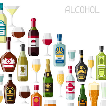 Alcohol drinks background design. Bottles, glasses for restaurants and bars