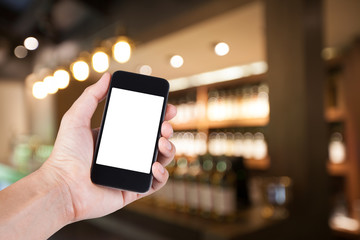 Person using smartphone white screen holder on hand with blurry