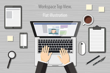 hands typing text on the laptop keyboard and using social networks for communication. Top view of people working with computer at the work desk vector