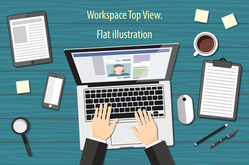 workplace - top view - flat design - laptoop blue - desk vector