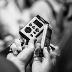 Voice recorders on the press conference. Black and white
