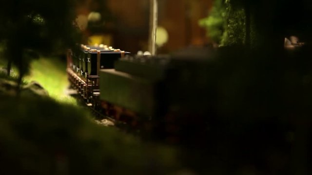 A model of a train moves down the miniature railroad