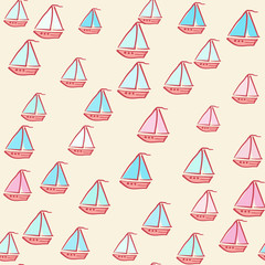 Seamless pattern of painted ships. Summer pattern background. Vacation poster. Bright ships on seamless background for summer design. Can be use for greeting and invitation card.