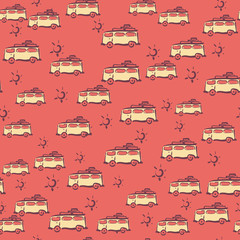 Cars for holiday on seamless background for summer design. Summer pattern background. Vacation poster.