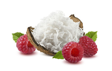 Shredded coconut shell raspberry isolated on white background as package design element