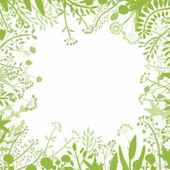 Decorative frame of hand-drawn and painted twigs with leaves, berries and flowers. Vector graphics.