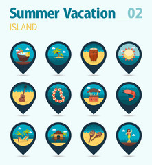 Island beach pin map icon set. Summer. Vacation