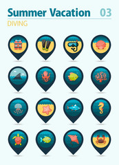 Diving pin map icon set. Summer. Vacation