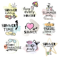 Set of hand drawn watercolor summer signs and banners. Vector illustrations for summer holiday, travel agency, restaurant and bar, menu, sea and sun, beach vacation logo and party.
