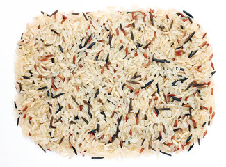 Mixing white, brown, red, wild rice on white background