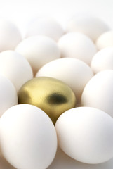 Retirement nest egg. Gold egg surrounded by white eggs.