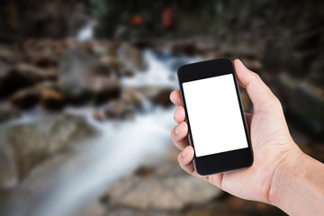 Person using smartphone white screen holder on hand with blurry