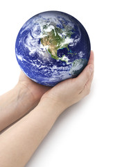 Hands holding earth on a isolated background. Environmentally friendly. 
The planet earth image provided by NASA.