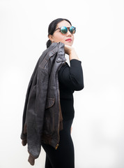 asian woman with leather jacket fashion