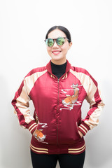 asian woman with red jacket fashion